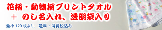 柄物・絵柄プリントタオル、+ 熨斗名入れ・透明袋入り